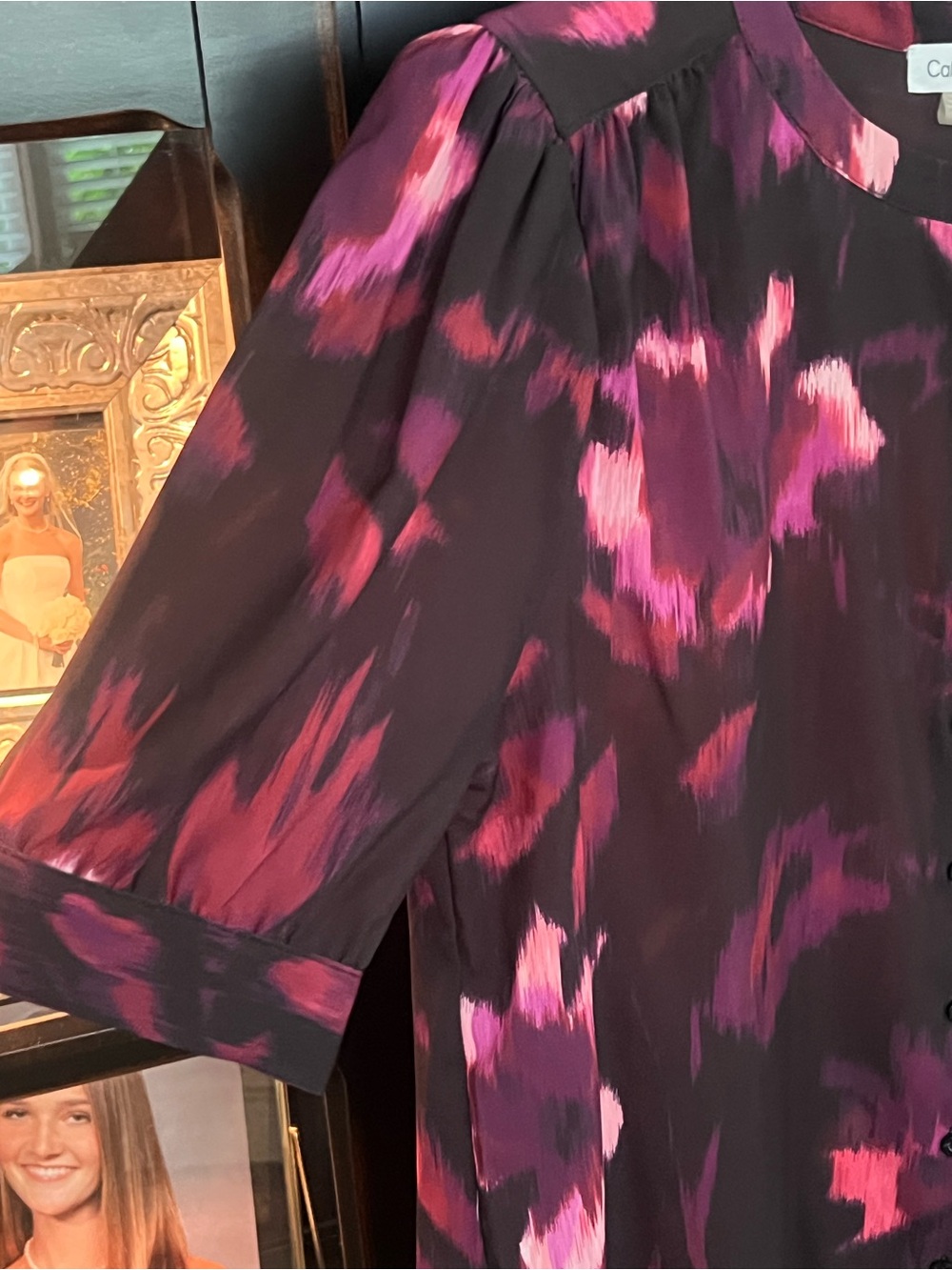 Calvin Klein Black Blouse with Pink & Plum Brushstroke Floral Print - Picture 2 of 4